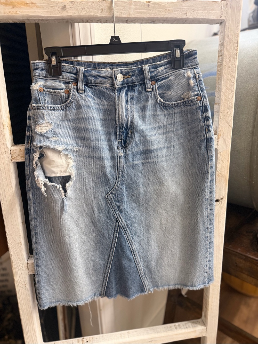 American Eagle Outfitters Light Blue Distressed Denim Midi Skirt
